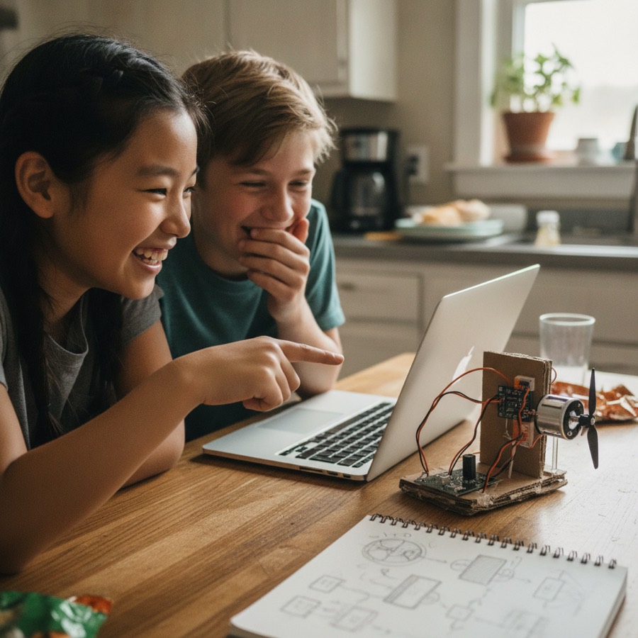 Two students laugh over a laptop and a home-built prototype