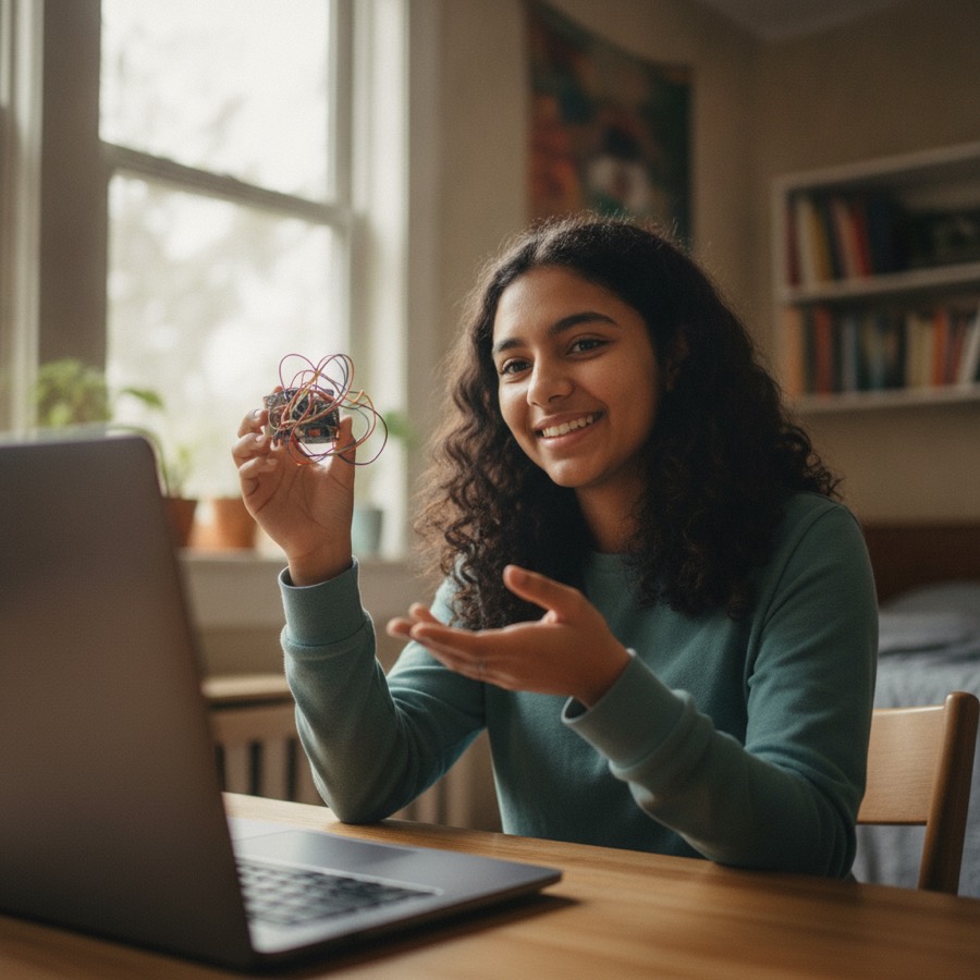 A student demonstrates her project over a video call