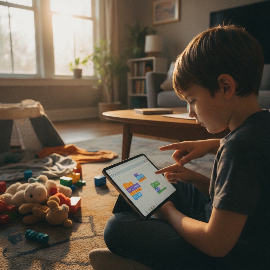 A young student builds a block-coding project on a tablet at home