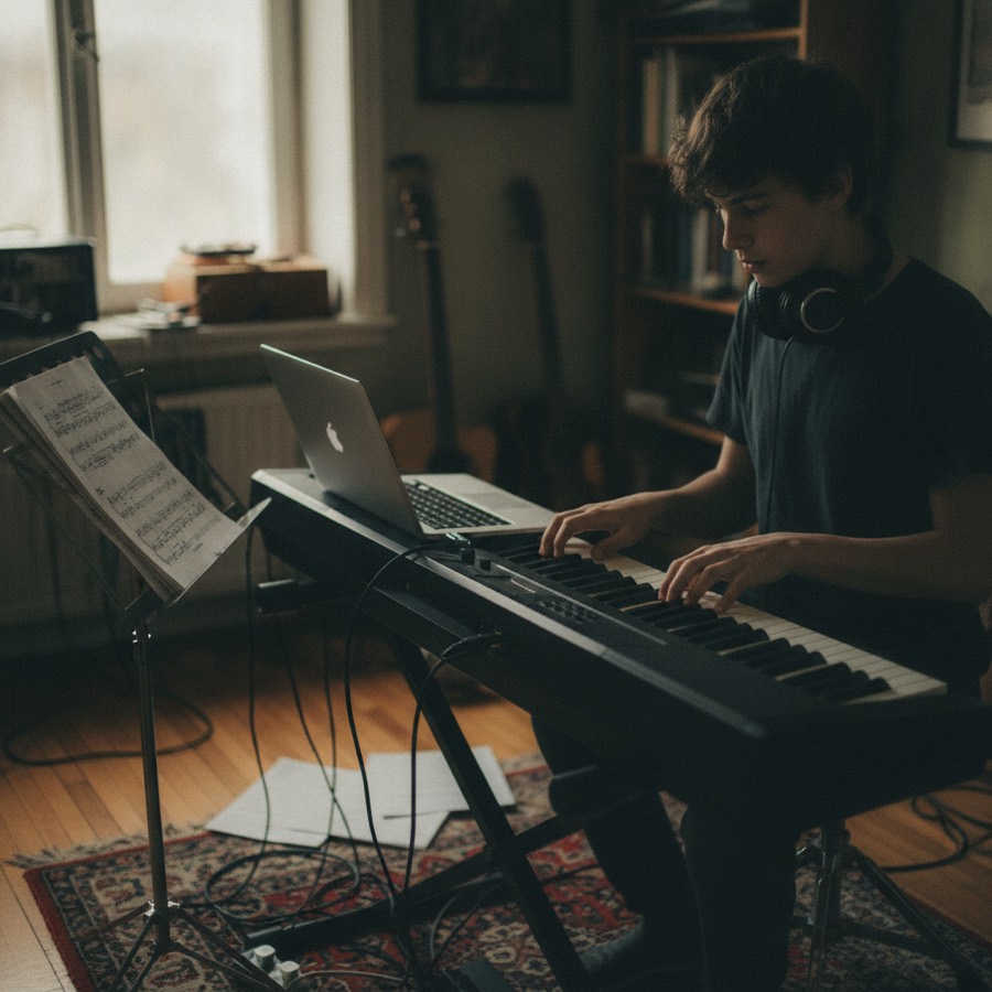 A student plays a keyboard connected to a laptop