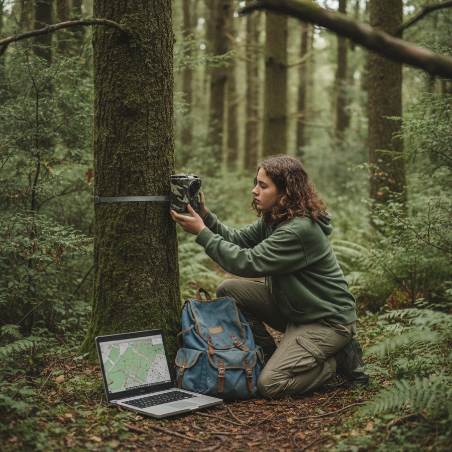 A student straps a camera box to a tree in a forest