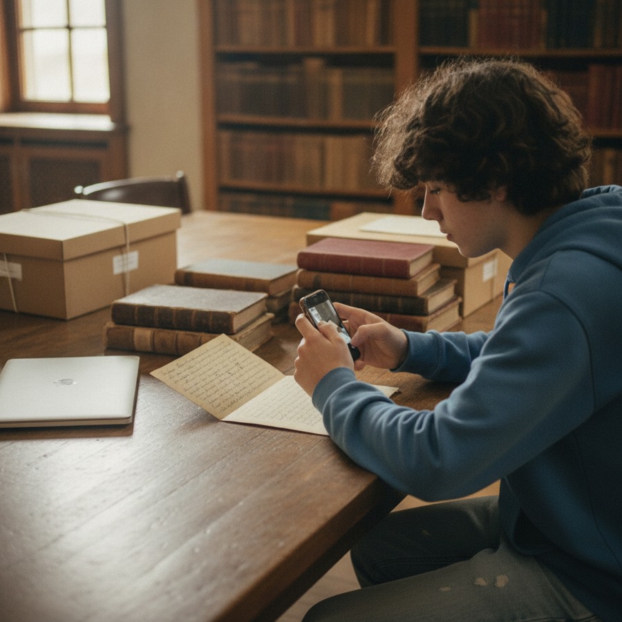 A student photographs an old handwritten letter in an archive