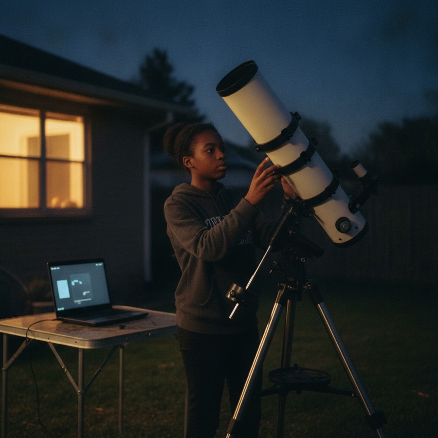 A student adjusts a telescope at dusk beside a laptop